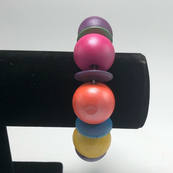 Wood Bead Stretch Bracelet Lot of 3 Green Rainbow Pink Animal Print - Picture 6 of 6